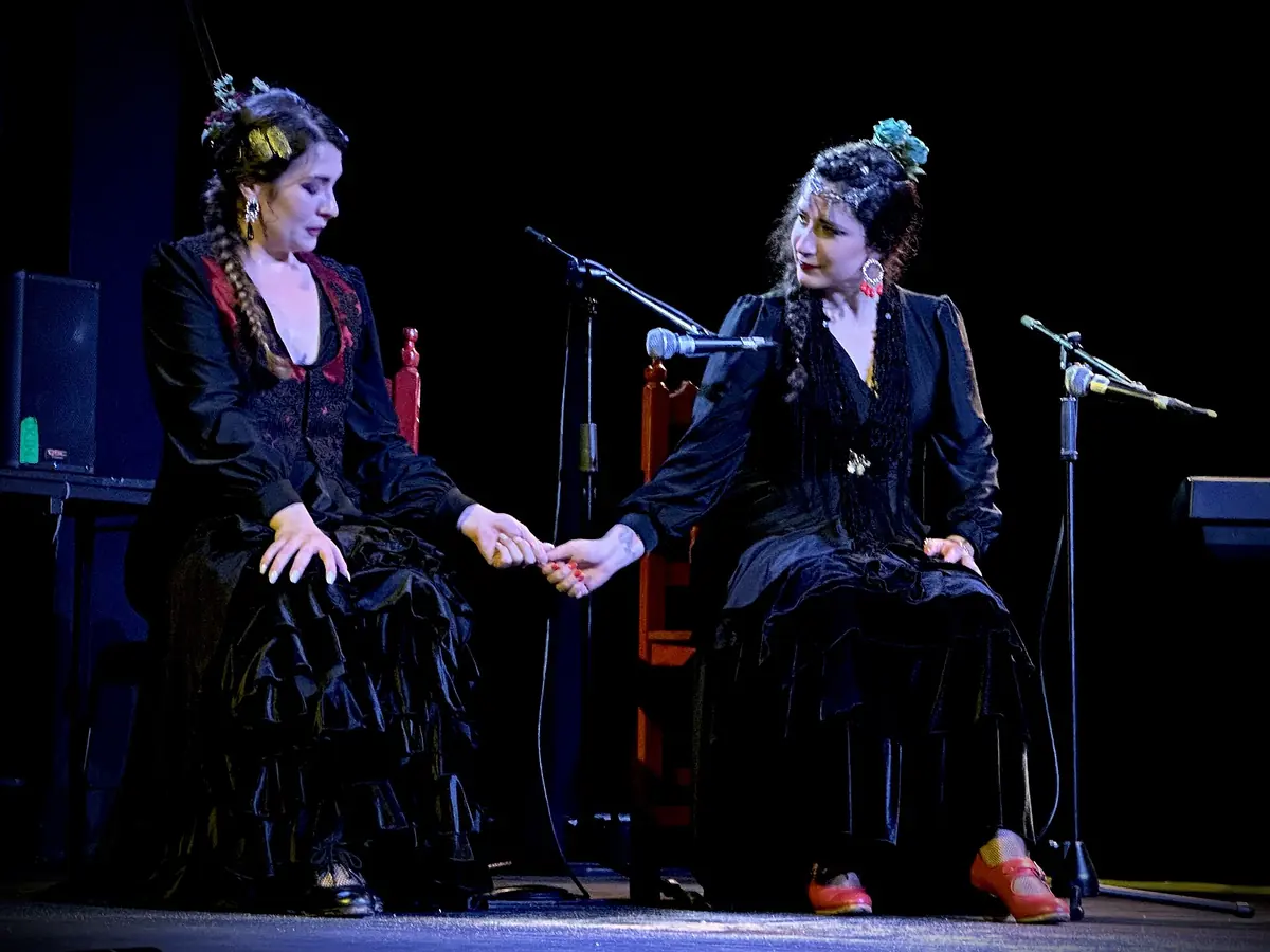 Two women in black flamenco dresses sit side by side on a dark stage holding hands, each with a microphone stand in front of her